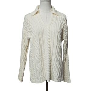 J. Jill‎ Sweater Womens Small White Cable Knit Collared Long Sleeve Pullover